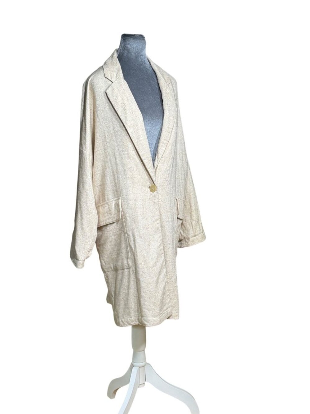 Oversized Zara Beige Linen Blend Single-Button Womens Blazer Coat With Pockets S - Picture 2 of 11